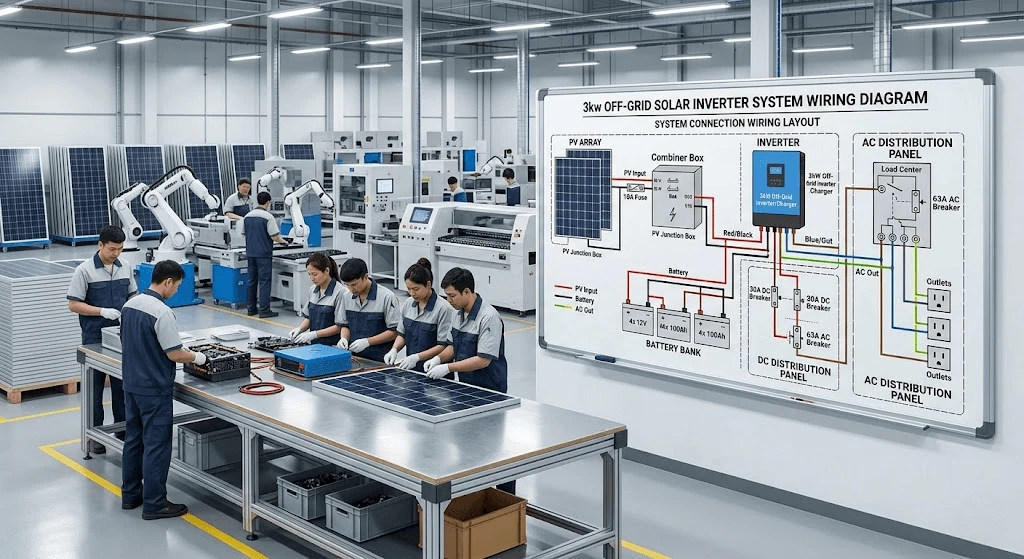 System wiring diagram for 3KW off grid solar inverter with 24VDC battery and solar arrays System wiring diagram for 3KW off grid solar inverter with 24VDC battery and solar arrays